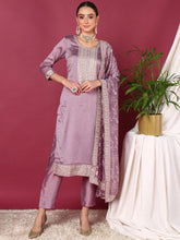 Women Lavender Silk Blend Solid Embroidered Straight Kurta Trouser With Dupatta